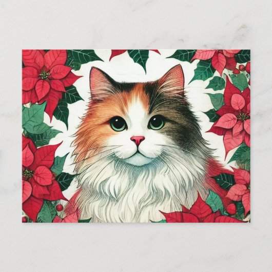 Carte Postale Poinsettia Calico Cat Noël (Devant)