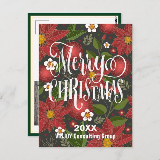 Carte Postale Poinsettia Floral Élégant Script Photo Business (Devant / Derrière)
