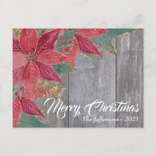 Carte Postale Poinsettia Rouge Rustique Étincelles d'Or Joyeux N