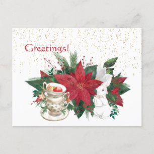 Carte Postale Poinsettia Teacups Rabbit Christmas