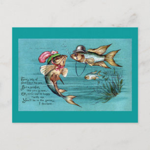 Carte Postale Poisson avec Casquette Vintage