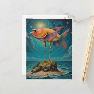 Carte Postale Poisson avec des pattes d'oiseau sur une île minus
