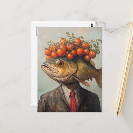 Carte Postale Poisson avec tomates sur la tête (Devant/Arrière en situation)