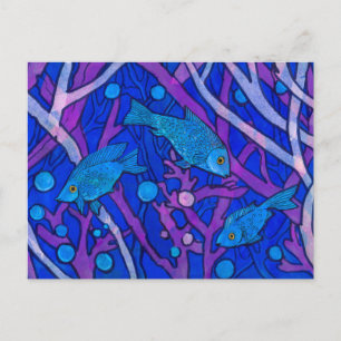 Carte Postale Poisson bleu dans l'algue, Collage de papier d'art
