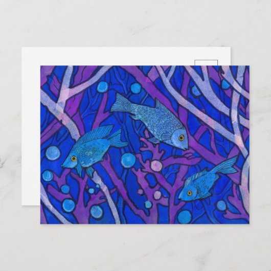 Carte Postale Poisson bleu dans l'algue, Collage de papier d'art (Devant / Derrière)