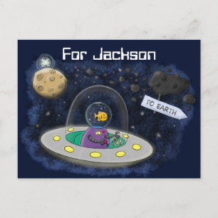 Carte Postale Poisson dans l'espace alien bateau dessin animé