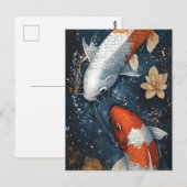 Carte Postale Poisson Serene Koi avec fleurs Lotus (Devant / Derrière)