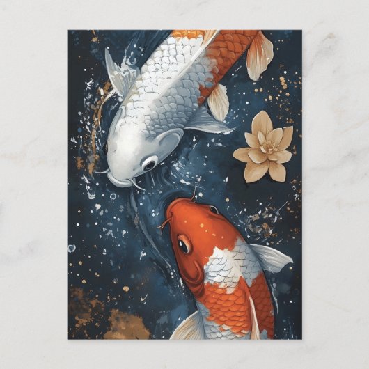 Carte Postale Poisson Serene Koi avec fleurs Lotus (Devant)
