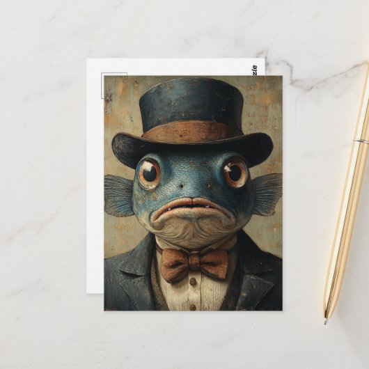 Carte Postale Poisson surréaliste en costume (Devant/Arrière en situation)