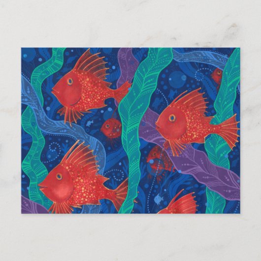 Carte Postale Poissons Rouges, Algues Mer Animaux Sous-marins Ar (Devant)
