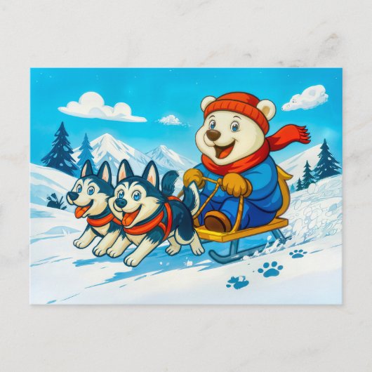 Carte Postale Polar Bear Racing a Husky Dog Sled Team (Devant)