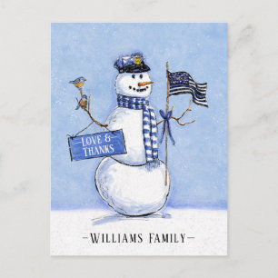 Carte Postale Police Ligne Bleue Mince Snowman Merci de vacances