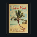 Carte Postale Pompano Beach Palm Tree Vintage voyage<br><div class="desc">Un imprimé d'art moderne Pompano Beach Floride du milieu du siècle rétro dans un style d'affiche de voyage vintage. Il dispose d'un palmier incurvé sur une plage de sable avec l'océan sous un ciel bleu nuageux.</div>