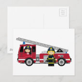 Carte Postale Pompier à caricature mignonne et moteur incendie (Devant / Derrière)