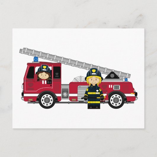 Carte Postale Pompier à caricature mignonne et moteur incendie (Devant)