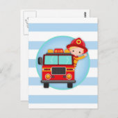 Carte Postale Pompier Camion de pompier Cheveux Blonds Garçon (Devant / Derrière)