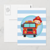 Carte Postale Pompier Camion de pompiers Cheveux Blonds Garçon (Devant / Derrière)