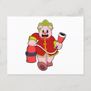Carte Postale Pompier cochon Extincteur d'incendie