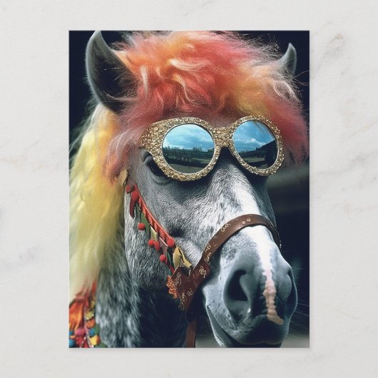 Carte Postale Poney avec cheveux clowns et lunettes (Devant)