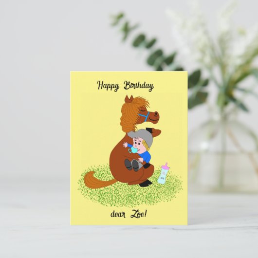 Carte Postale Poney drôle et mignon avec bébé - anniversaire des (Debout devant)