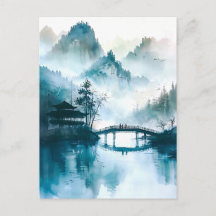 Carte Postale Pont chinois à l'aquarelle sur paysage montagneux