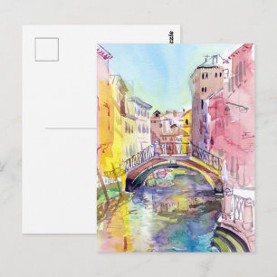 Carte Postale Pont du canal de Venise rose et jaune
