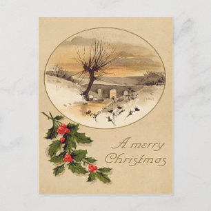Carte Postale Pont enneigé Scène hivernale Houx