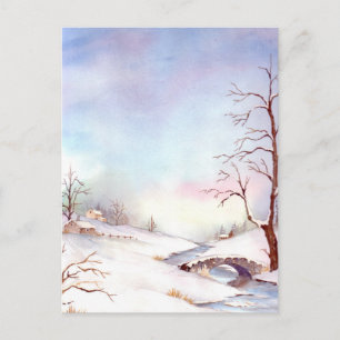Carte Postale Pont Neige Aquarelle Peinture Paysage