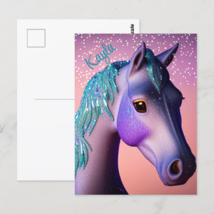 Carte Postale Pony magique en violet et Turquoise avec nom perso