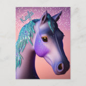 Carte Postale Pony magique en violet et Turquoise avec nom perso (Devant)