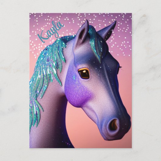 Carte Postale Pony magique en violet et Turquoise avec nom perso (Devant)