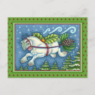 CARTE POSTALE PONY PULLING PINECONE SLEIGH DE NOËL VOLANT