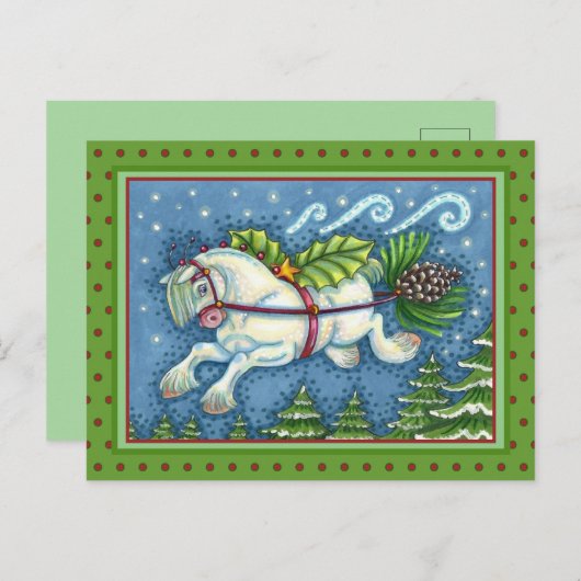 CARTE POSTALE PONY PULLING PINECONE SLEIGH DE NOËL VOLANT (Devant / Derrière)