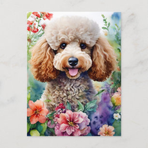 Carte Postale Poodle Chien Aquarelle Art Floral