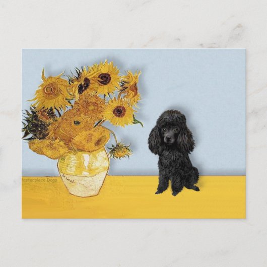 Carte Postale Poodle (Noir1) - Fleurs de soleil (Devant)