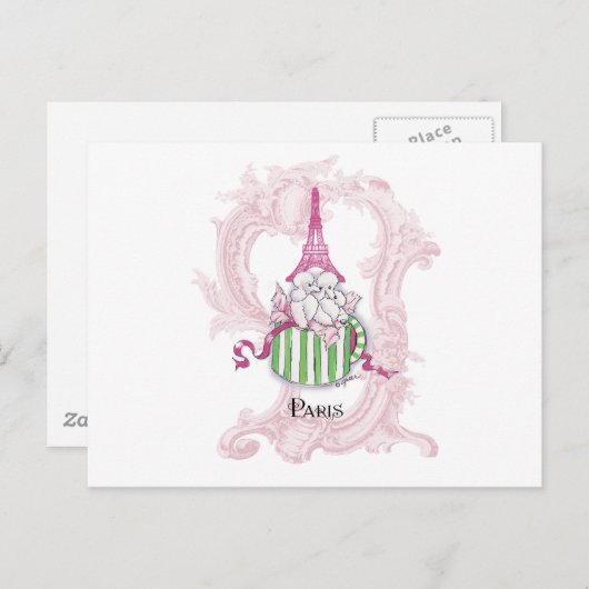 Carte Postale Poodles Tour Eiffel rose dans Hatbox (Devant / Derrière)