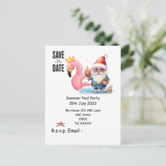 Carte Postale Pool d'été avec SANTA CLAUS Enregistrer la date (Debout devant)