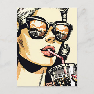 Carte Postale Pop Art Bande Dessinée Belle Femme Buvant un Soda