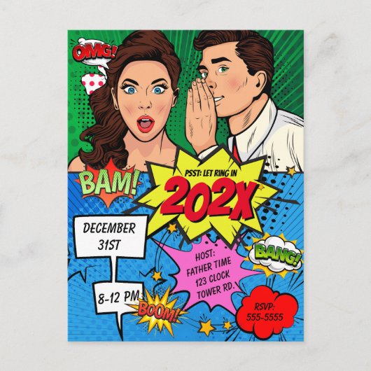 Carte Postale Pop Art New Years Eve Party Comic (Devant)