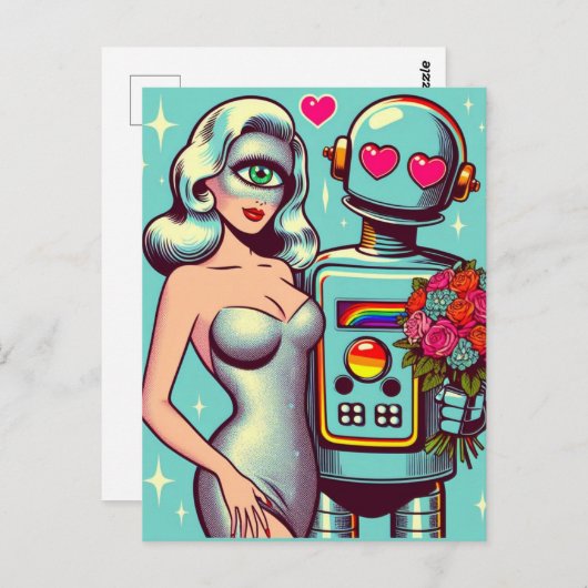 Carte Postale Pop Art Robot et femme Alien dans l'amour (Devant / Derrière)