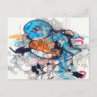 Carte Postale Pop art surréaliste kawaii bleu oiseau art animal