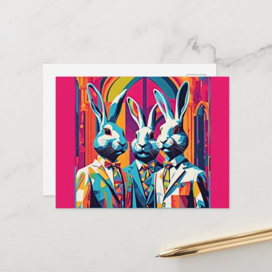Carte Postale PopArt Bunnies Pâques (Devant/Arrière en situation)