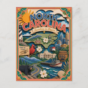 Carte Postale PopCut États de Caroline du Nord Coloré Art en Pap