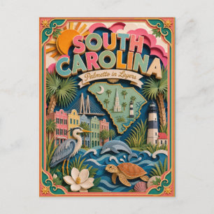 Carte Postale PopCut États de Caroline du Sud Coloré Art en Papi