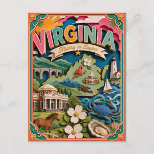 Carte Postale PopCut États de Virginie Coloré Art en Papier 3D