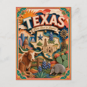 Carte Postale PopCut États du Texas Coloré Art en Papier 3D