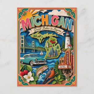 Carte Postale PopCut États Michigan Art en Papier 3D Coloré