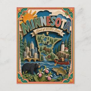 Carte Postale PopCut États Minnesota Coloré Art en Papier 3D