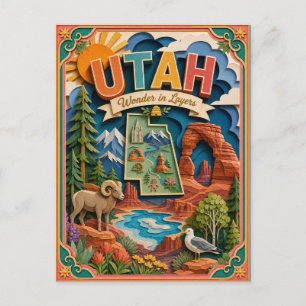 Carte Postale PopCut États Utah Coloré Art en Papier 3D