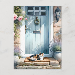 Carte Postale Porche Floral Cottagecore avec Chat Calicot